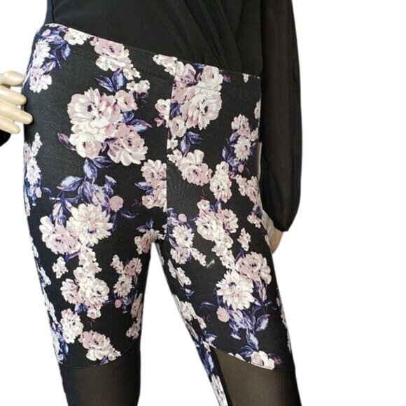 NWT Floral Mesh Panel Leggings No Comment NY LA Black & White pink flowers gym - Picture 4 of 6